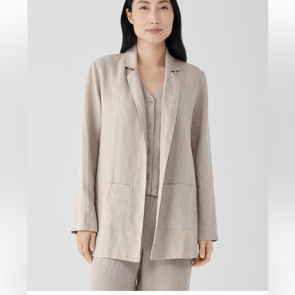 Eileen fisher organic linen notch collar blazer longline size l khaki lagenlook